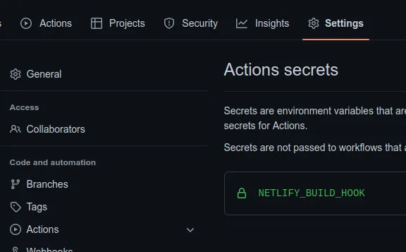The secrets section within the GitHub settings