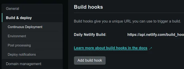 The build hooks section within the Netlify settings
